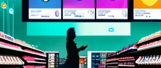 Инфографика поведенческой аналитики в торговом центре: тепловая карта на плане магазина, связи между товарами и панель с данными
