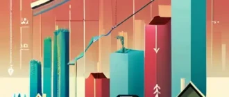 Иллюстрация инфляции и рынка жилья: графики, дома, стрелки изменения цен