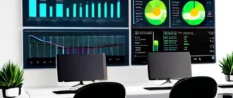 Команда в офисе рассматривает ESG-метрики на цифровой панели, демонстрирующей рост и устойчивое развитие