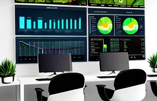 Команда в офисе рассматривает ESG-метрики на цифровой панели, демонстрирующей рост и устойчивое развитие