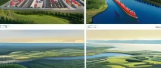 Леса Архангельской области, верфь и портовая инфраструктура на фоне символов финансирования.
