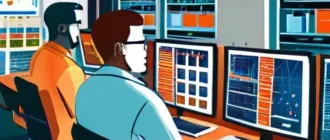 Команда инженеров в диспетчерской энергетики с цифровыми панелями и элементами ВИЭ на фоне