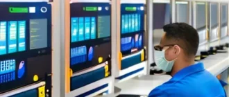 Производственная линия во время пусконаладочных работ с множеством панелей PLC и дисплеями OEE