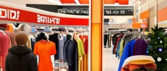 Зал торгового центра с сезонной промо-выкладкой: витрины, промо-материалы и покупатели у секций