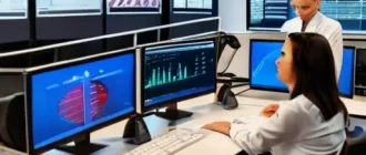 Команда специалистов обсуждает данные и архитектуры в современном офисе с графиками и облачными диаграммами на экранах