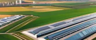 Панорама агроиндустриального кластера в Ставропольском крае: поля, склады, перерабатывающее предприятие и логистический хаб