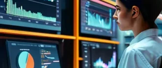 Команда аналитиков ритейла анализирует ценовые тренды и графики на мониторах вокруг полок с ценниками