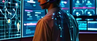 Кибербезопасность и ИИ: оператор SOC анализирует угрозы на фоне графиков и ИИ-диаграмм, размещение в российской реальности