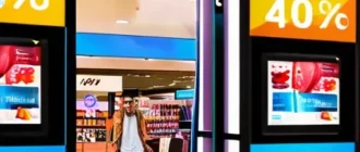 Шопинг-центр во время распродажи: промо-материалы, очередь у кассы, цифровые табло с акциями, покупатели выбирают товары.