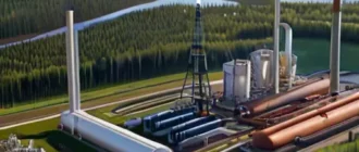 Панорамный вид нефтегазового и металлургического комплекса Республики Коми на фоне северной тайги и рек