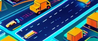 Иллюстрация инноваций в логистике: IoT сенсоры, ИИ-аналитика и мультимодальные маршруты на современном маршруте поставок