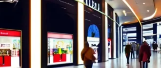 Покупатель в торговом центре пользуется смартфоном у витрин и цифровых панелей аналитики